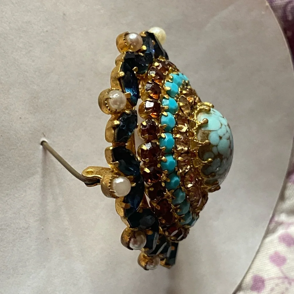 Vintage Juliana Style Brooch Blue Larimar Turquoise Sapphire and Pearls